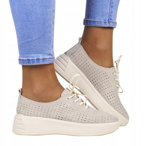 PÓŁBUTY SNEAKERSY AŻUROWE ZE SKÓRY BEŻOWE NA KOTURNIE WYGODNE MODNE