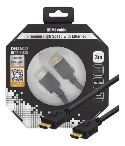 NOWY KABEL HDMI DELTACO 3M PREMIUM HIGH SPEED 4K ETHERNET ZŁOCONE STYKI