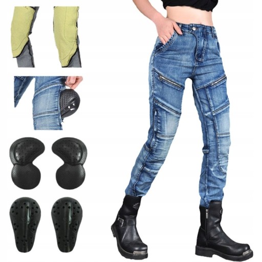 Damskie JEANSY MOTOCYKLOWE SPODNIE luźny