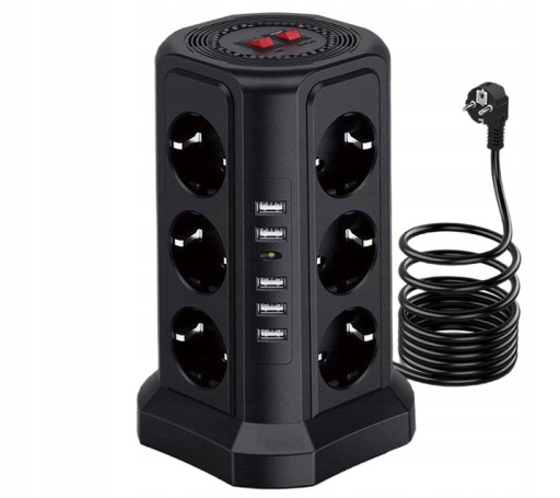 LISTWA ZASILAJĄCA PIONOWA 12 GNIAZD 5 USB CZARNA