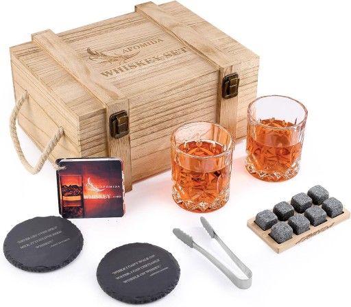 Zestaw do whisky 2x Szklanki 8x kamieni kosek lodu 2x podstawki + Szczypce