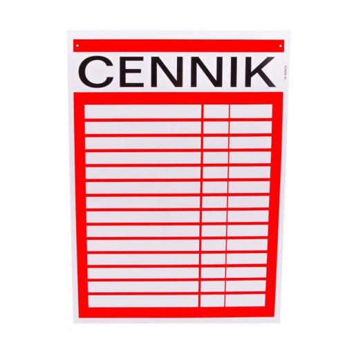 Cennik, tabliczka informacyjna 14 pozycji