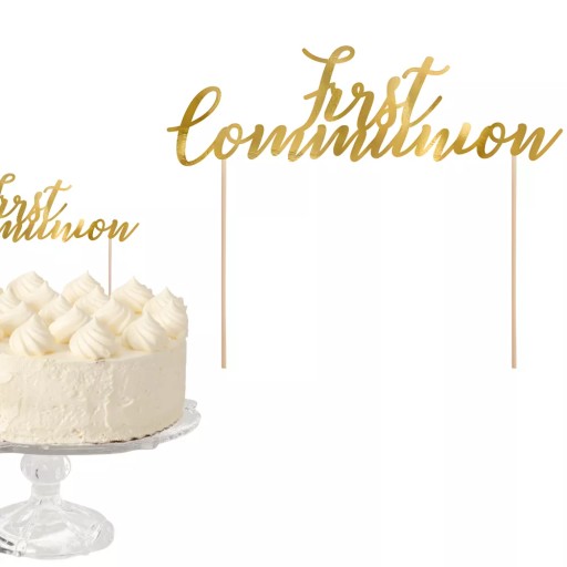 Topper na piku na tort komunijny First Communion złoty na KOMUNIE 21cm