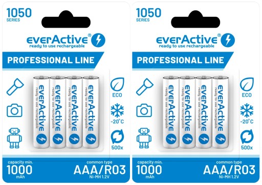 8x AKUMULATORKI BATERIE DO ŁADOWANIA EVERACTIVE R03 AAA Ni-MH 1050 mAh