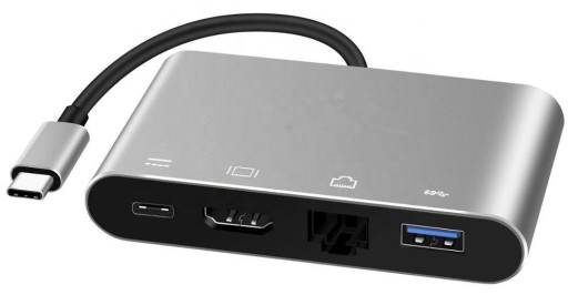 HUB USB-C Adapter HDMI 4K 3840*2160 LAN RJ45 USB 3.0 5Gbps PD do 100Mb/s