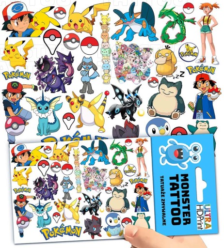 TATUAŻE TYMCZASOWE TYMCZASOWE DLA DZIECI DZIECIĘCE POKEMON WZORY ORYGINALNE