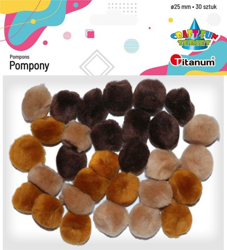 Pompony pluszowe akrylowe brązowe 25 mm 30 sztuk
