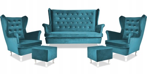 Zestaw wypoczynkowy mebli uszak Diana sofa fotele pufy Family Meble komplet