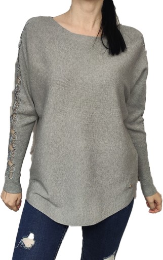 MODNA TUNIKA ELEGANCKI SWETER ZDOBIONE RĘKAWY DŻETY M L