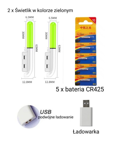 2x Świetlik Elektroniczny LED zielony + ładowarka usb + 5 baterii CR425