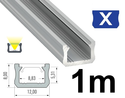 PROFIL DO TAŚM LED WĄSKI 12mm 1M TYPU X SREBRNY