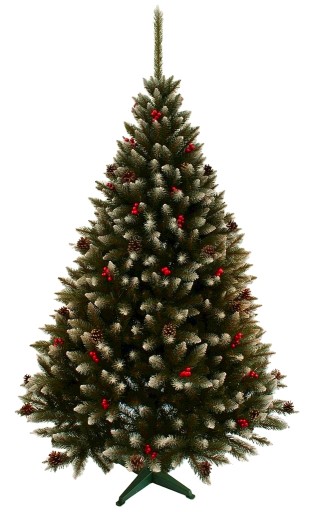 CHOINKA SZTUCZNA Z JARZĘBINĄ SZYSZKAMI OŚNIEŻONA GĘSTA + STOJAK 220cm