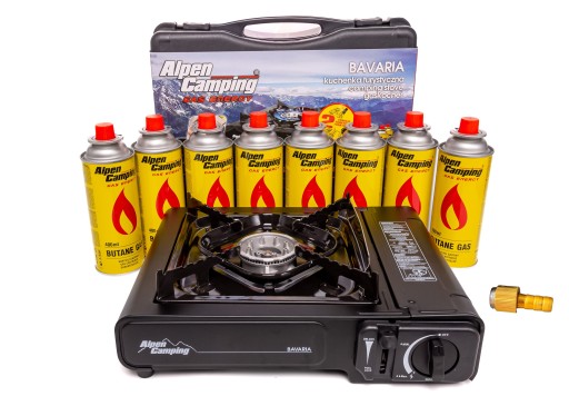 Kuchenka przenośna gazowa turystyczna Alpen Camping BAVARIA + 8x Gaz