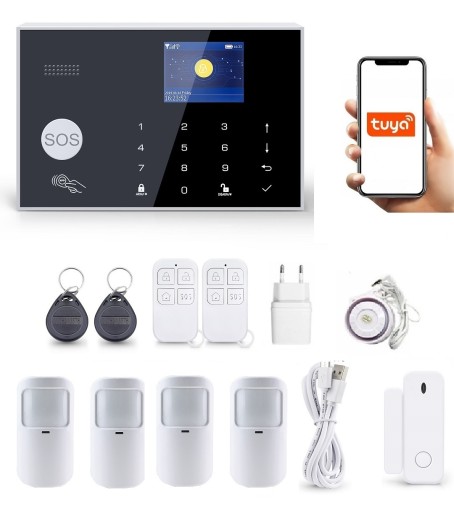 BEZPRZEWODOWY ALARM LCD 2.4' GSM WiFi TUYA SMART PO POLSKU + 4xPIR
