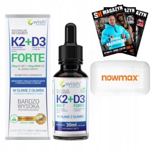 WISH NATURALNA WITAMINA K2 MK-7 + D3 FORTE NA ZDROWE KOŚCI 30 ml + PILL BOX