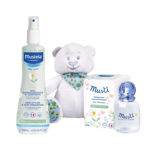 MUSTELA Zestaw Małej Damy Pielęgnacyjna woda Spray odświeżający Miś GRATIS