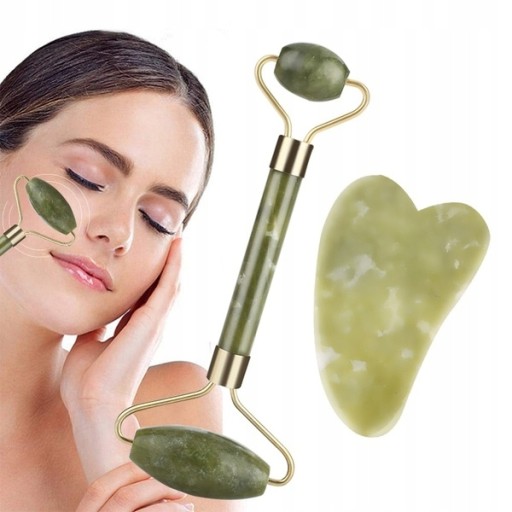 Roller + kamień Gua sha z jadeitu ZESTAW ZIELONY