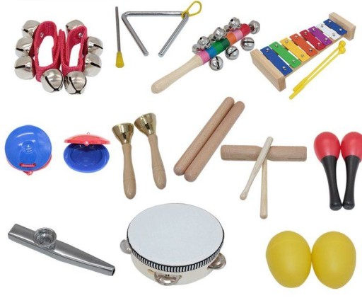 ZESTAW INSTRUMENTÓW PERKUSYJNY DLA DZIECI NAUKA RYTMU CYMBAŁKI 22 ELEMENTY
