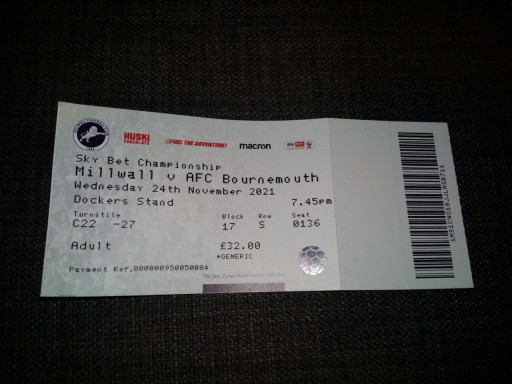 Bilet Millwall FC - AFC Bournemouth - 24.11.2021