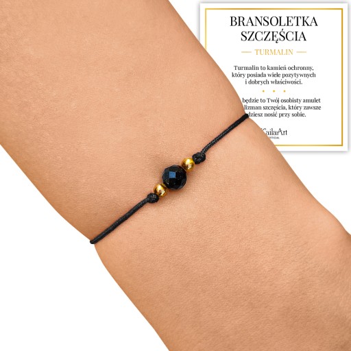 BRANSOLETKA CZARNY TURMALIN NATURALNY NA SZNURKU ZNAKI ZODIAKU SZCZĘŚCIA