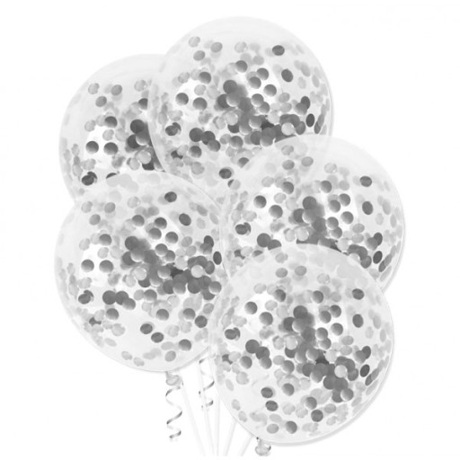 BALONY przeźroczyste SREBRNE KONFETTI METALICZNE 5
