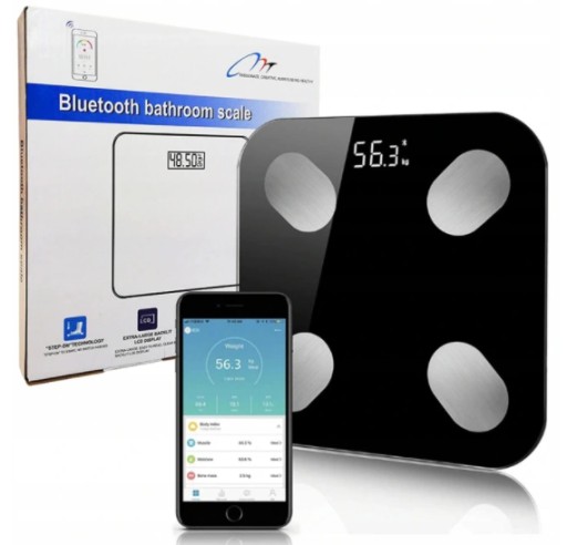 INTELIGENTNA WAGA ŁAZIENKOWA SZKLANA BLUETOOTH