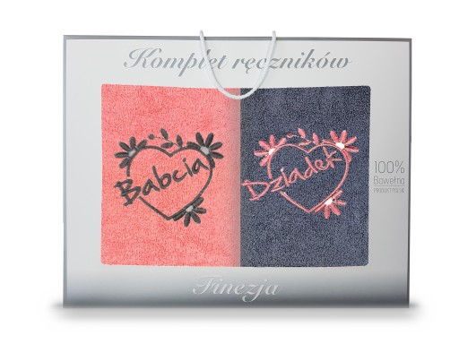 KOMPLET RĘCZNIKÓW 2X 70x140 BABCIA I DZIADEK PREZENT HAFT KORAL-GRAFIT