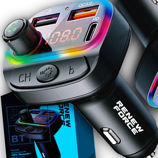 Transmiter bluetooth FM samochodowy SZYBKA ładowarka PD 24W QC3.0 USB-C RGB