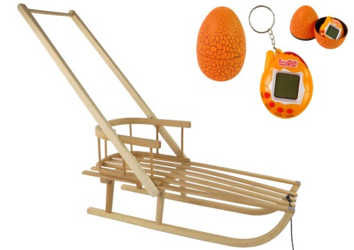 Sanki Drewniane Z Oparciem Sznurek Saneczki Duże + Pchacz + Gra Tamagotchi