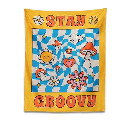 GOBELIN ścienny z lat 70. W stylu Vintage pozostaje odlotowy grzyb tęczowy
