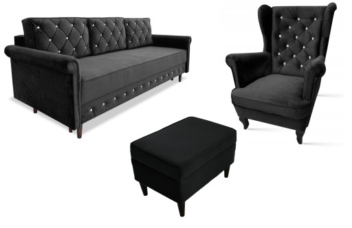KOMPLET SOFA FOTEL PODNÓŻEK PIKOWANY SALON ZESTAW