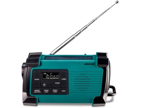 PRZENOŚNE RADIO FM MD44805 AWARYJNE Z KORBĄ DYNAMO SOLARNE LED USB NA RYBY