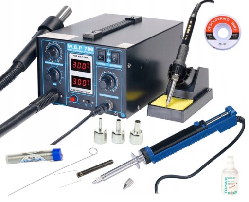 Stacja lutownicza HOTAIR WEP 706 + Cyna Pb, odsysacz elektr., plecionka