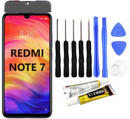 WYŚWIETLACZ LCD XIAOMI REDMI NOTE 7 CZARNY, DOTYK + narzędzia + klej