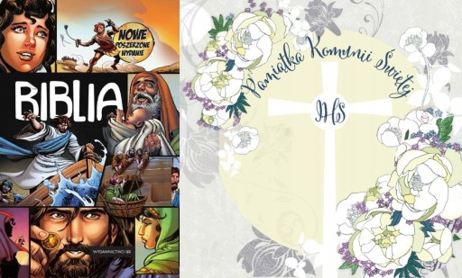 PAKIET 2 X BIBLIA KOMIKS + KARNET KOMUNIA KRZYŻ SWAROVSKI KWADRAT