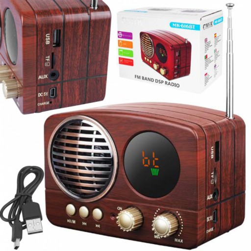 Stylowe przenośne radio retro Bluetooth USB Drewno