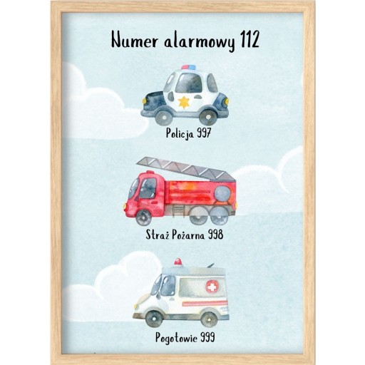 PLAKAT 30X40 DO POKOJU DZIECKA NUMERY ALARMOWE 112
