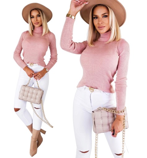 Kobiecy PRĄŻKOWANY GOLF Sweter ELASTYCZNY Kolory