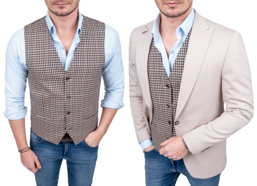 Brązowa kamizelka w grubą kratę meska elegancka + dodatki - 46