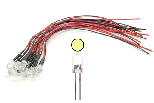 10x LED 5mm 12V 8000mcd przewód 20cm BIAŁA CIEPŁA