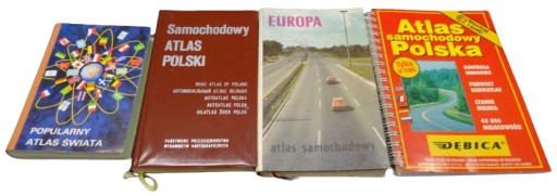 Zestaw 4 szt POPULARNY ATLAS ŚWIATA, SAMOCHODOWY ATLAS POLSKI, EUROPA ATLAS