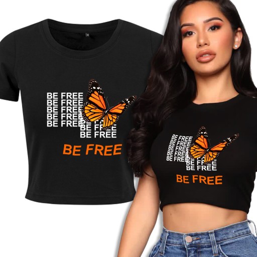 Top Krótka Koszulka Damska BE FREE MOTYL Wzory - S
