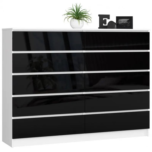 Komoda duża salon 160 cm 10 szuflad szafka bezuchwytowa Biała Czarny Połysk