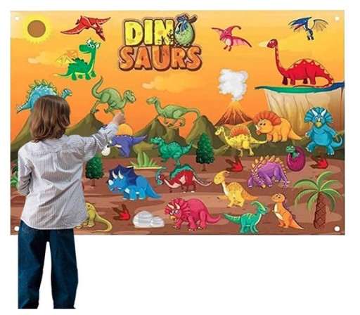 DUŻA EDUKACYJNA MATA TABLICA FILCOWA NA RZEP DZIECI DINOZAURY MONTESSORI