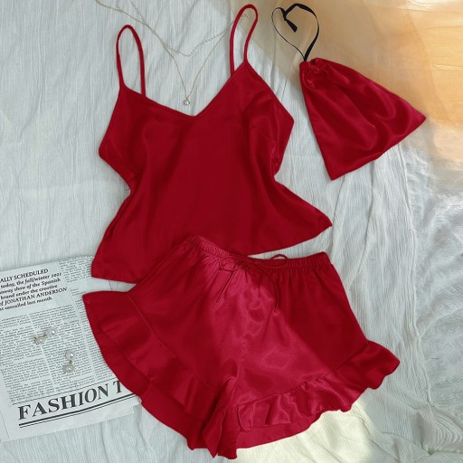 Silk Pajamas Set Women Satin Ruffle Sleepwear Cami
