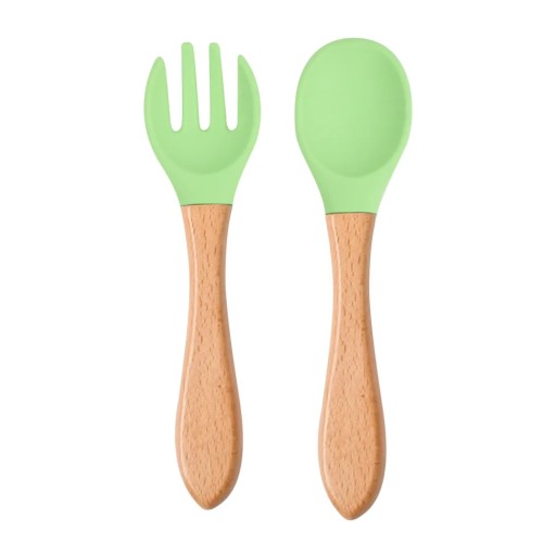 2pcs Baby Soft Silicone Spoon Candy Color Safety Baby Learning Wood Fork