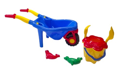 TACZKA PLASTIKOWA Z WIADERKIEM ŁOPATKĄ I FOREMKAMI DO PIASKU HEMAR