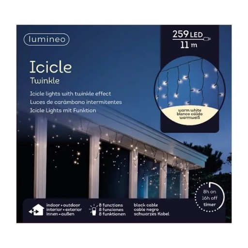 Lampki sople 259 LED na budynek ciepły biały 11m