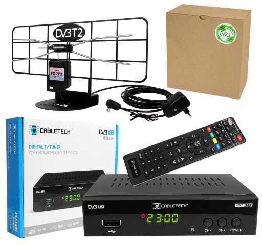 Tuner DVB-T2 dekoder URZ0338 H.265 HEVC HDMI USB + ANTENA POKOJOWA FORTIS