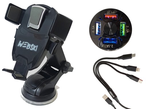 Trzymak do telefonu + ładowarka QC + kabel 3w1